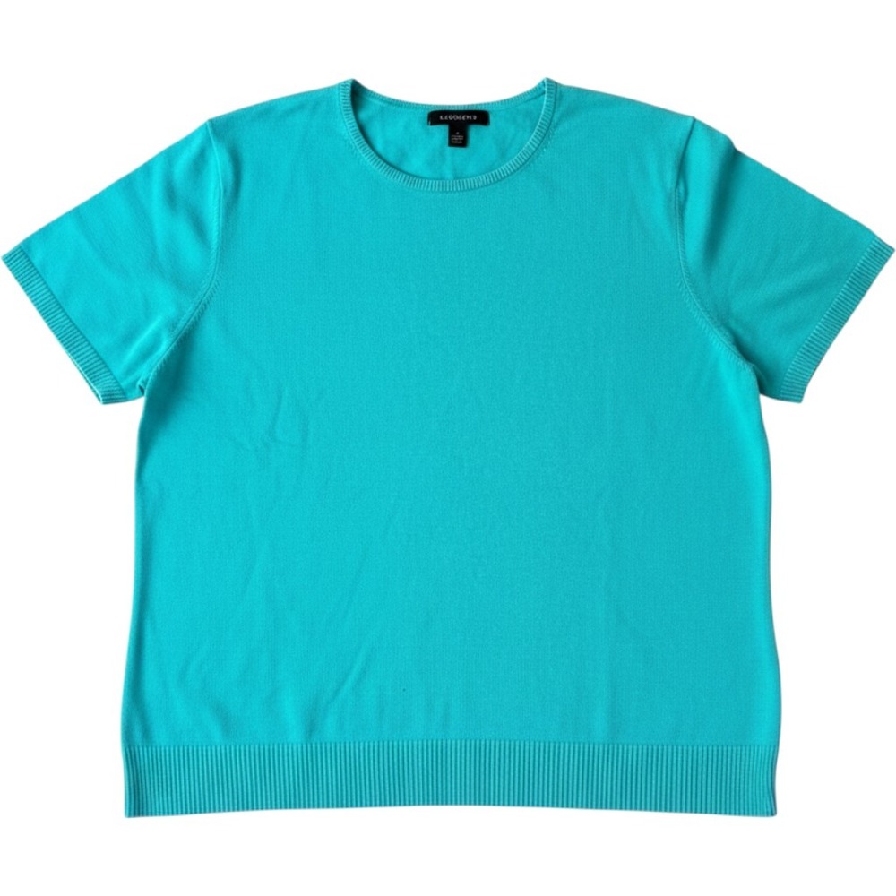 Lands End Womens Turquoise Blue Short Sleeve Crew Neck Cotton Sweater L 14-16